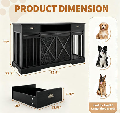 63" Large Dog Crate Furniture, Heavy Duty Indoor Dog Kennel with Removable Divider, Sliding Doors, 2 Drawers and Open Shelves, Decorative TV Stand for Living Room, Black