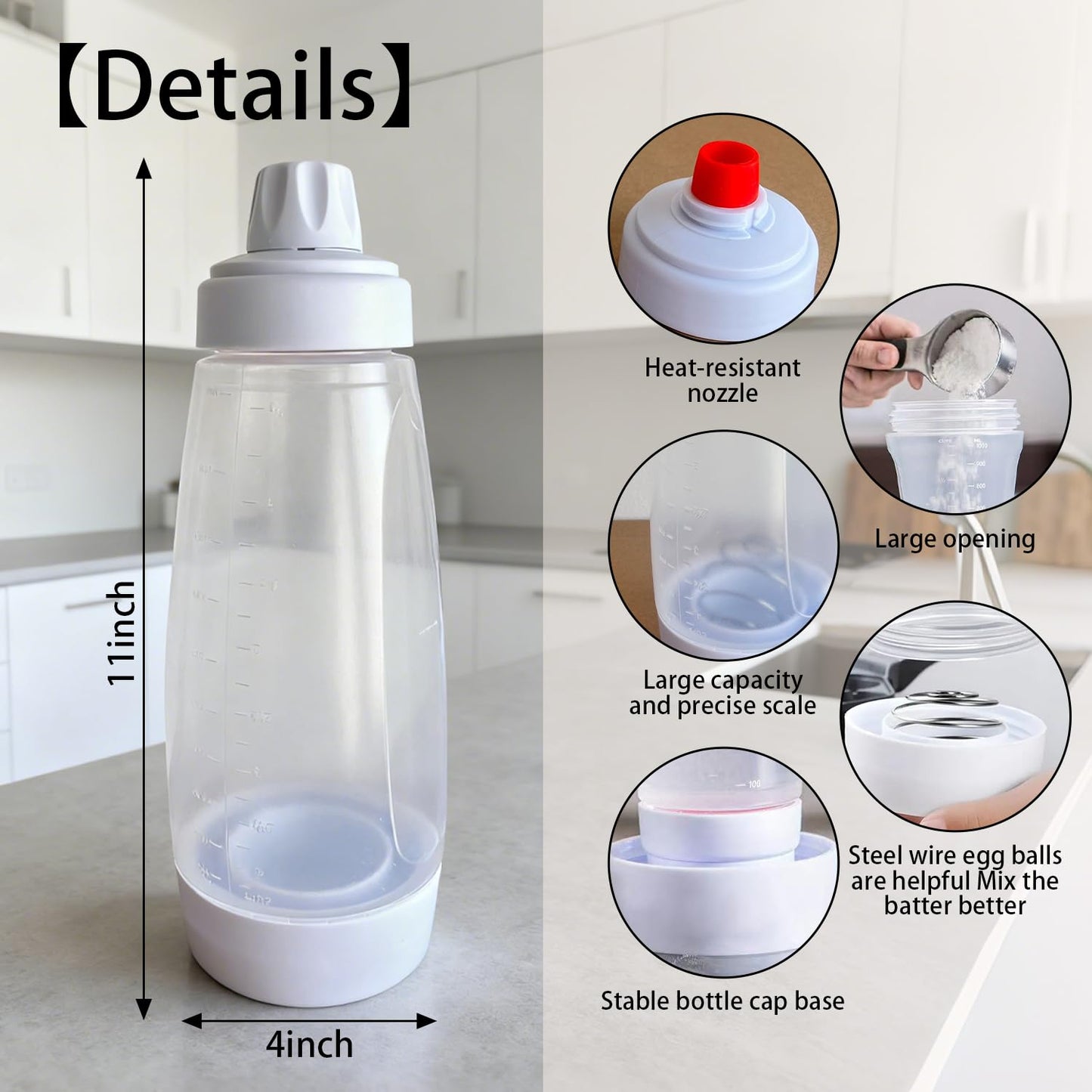 2 Packs of Pancake Batter Dispenser,1000ml Squeeze Pancake Dispenser Mixer Bottle with Stainless Steel wire whisk Ball,Suitable for Pancakes Crepes Waffle Muffins Qatayef Cupcak