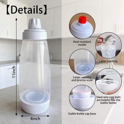 2 Packs of Pancake Batter Dispenser,1000ml Squeeze Pancake Dispenser Mixer Bottle with Stainless Steel wire whisk Ball,Suitable for Pancakes Crepes Waffle Muffins Qatayef Cupcak