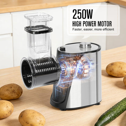 Inequalit Electric Vegetables Slicer Cheese Shredder, 5-in-1 250W Professional Automatic Salad Fruits Maker Shooter Chopper Machine Kitchen Cutter Grater Food Processor with 5 Different Blades