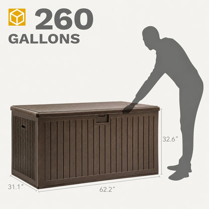 DWVO 260 Gallon Double-Wall Deck Box with Divider, XXL Extra Large Resin Outdoor Storage Box, Lockable & Waterproof, Double as Seating, 1000lbs Capacity (Brown)