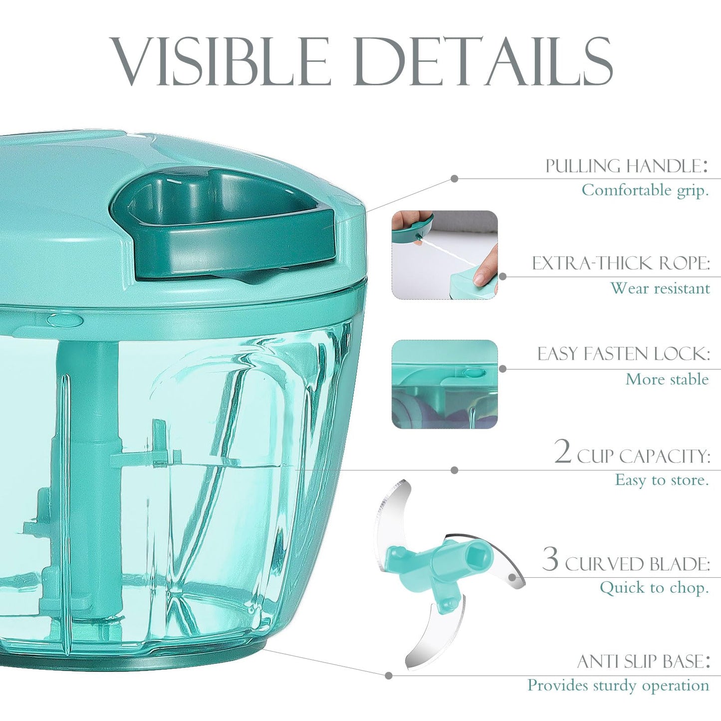 Ourokhome Manual Food Processor Vegetable Chopper, Portable Hand Pull String Garlic Mincer Onion Cutter for Veggies, Ginger, Fruits, Nuts, Herbs, etc., 650ml, Blue