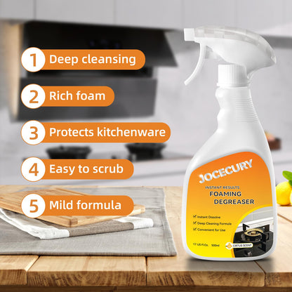 Jocecury 500ml Powerful Kitchen Degreaser Foam Spray – Multipurpose Grease Remover for Pots, Pans, Countertops & Appliances with 2-in-1 No-Rinse Dual Spray Nozzle (Lemon)