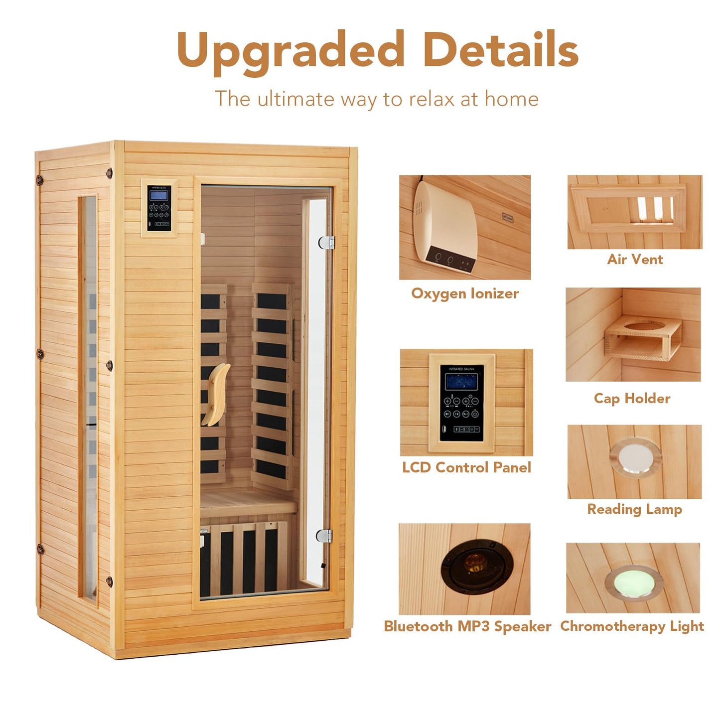 Garvee 2024 Upgrade 1 to 2 Person Sauna, 6 Heating Plate Infrared Physical Therapy Wooden Dry Steam Sauna, Low EMF, MP3 Auxiliary Connection, Dual Controls Inside and Outside Fits, Home Spa Day Use