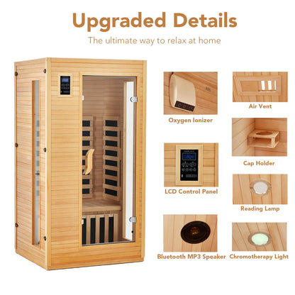 Garvee 2024 Upgrade 1 to 2 Person Sauna, 6 Heating Plate Infrared Physical Therapy Wooden Dry Steam Sauna, Low EMF, MP3 Auxiliary Connection, Dual Controls Inside and Outside Fits, Home Spa Day Use