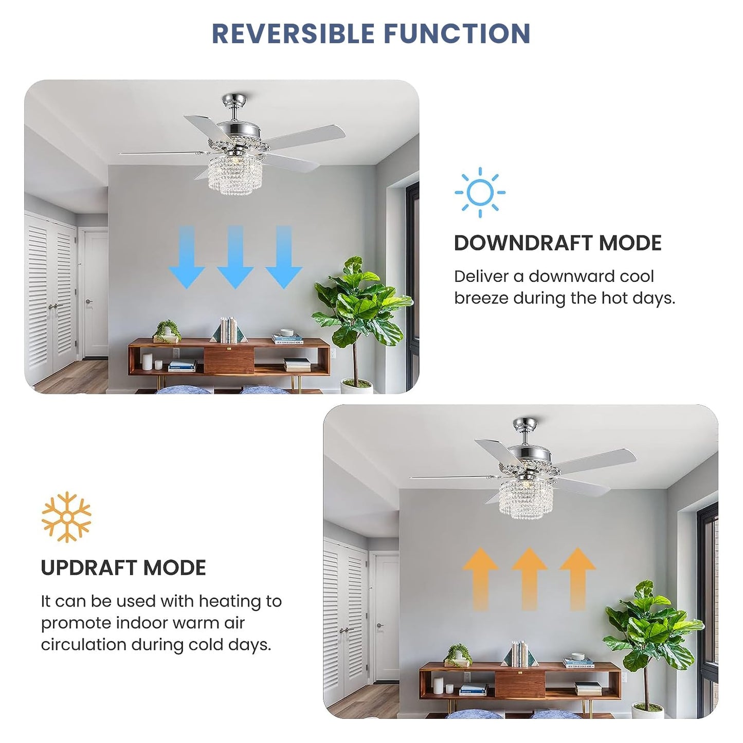 CROSSIO 52 Inch Crystal Ceiling Fan with Light and Remote Control, Modern Chandelier Fan with 5 Reversible Wood Blades Chrome Fandelier for Living Room Bedroom (Fine line Crystal-Ceiling Fan)