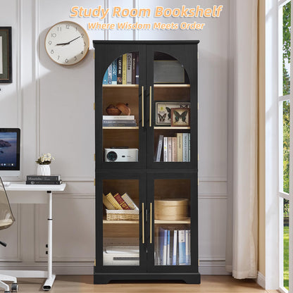 Joaxswe 72" Tall Bookshelf with 4 Curved Glass Doors, Farmhouse Bookcase with 3-Tier Adjustable Shelves, Modern Living Room Display Cabinet, Large Storage Cabinet for Home Office,Dining Room, Black
