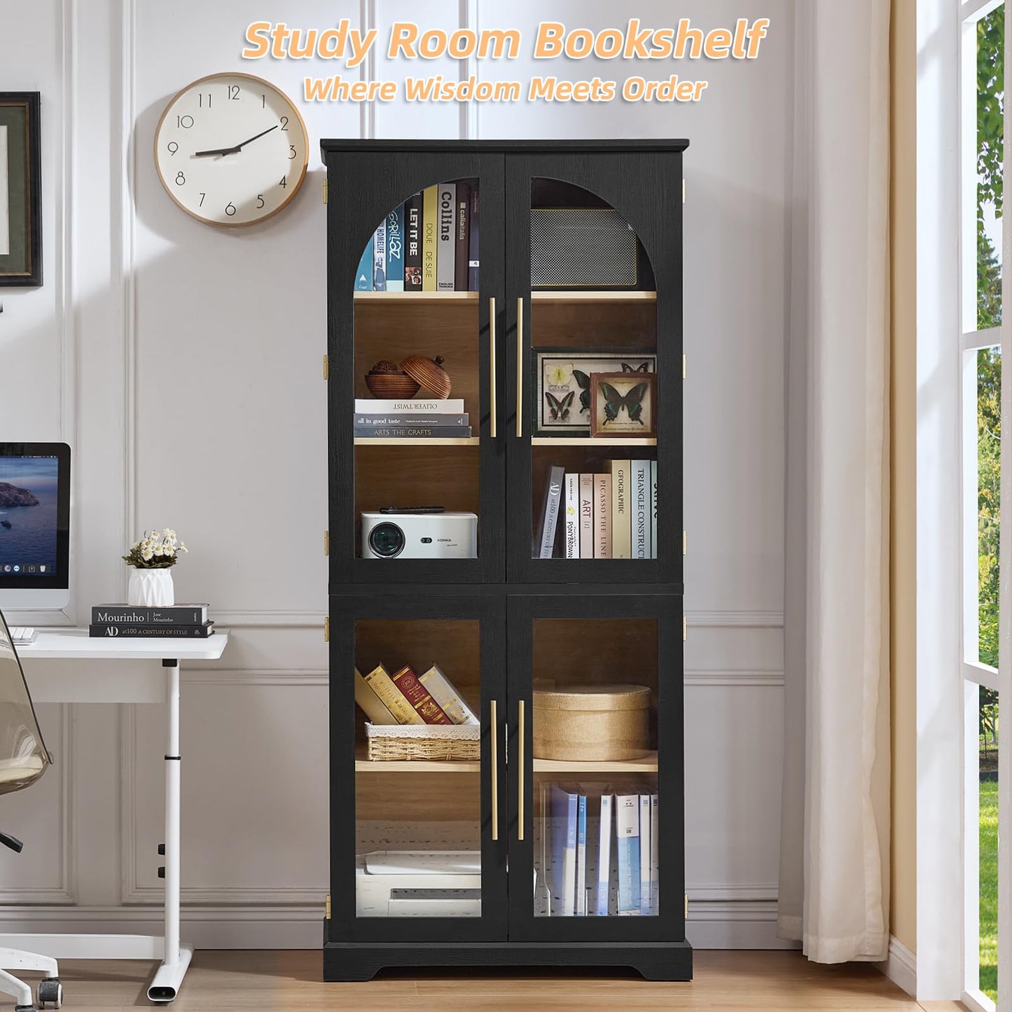 Joaxswe 72" Tall Bookshelf Set of 2, Farmhouse Bookcase with 3-Tier Adjustable Shelves, Modern Living Room Display Cabinet with Glass Doors, Large Storage Cabinet for Home Office,Dining Room, Black