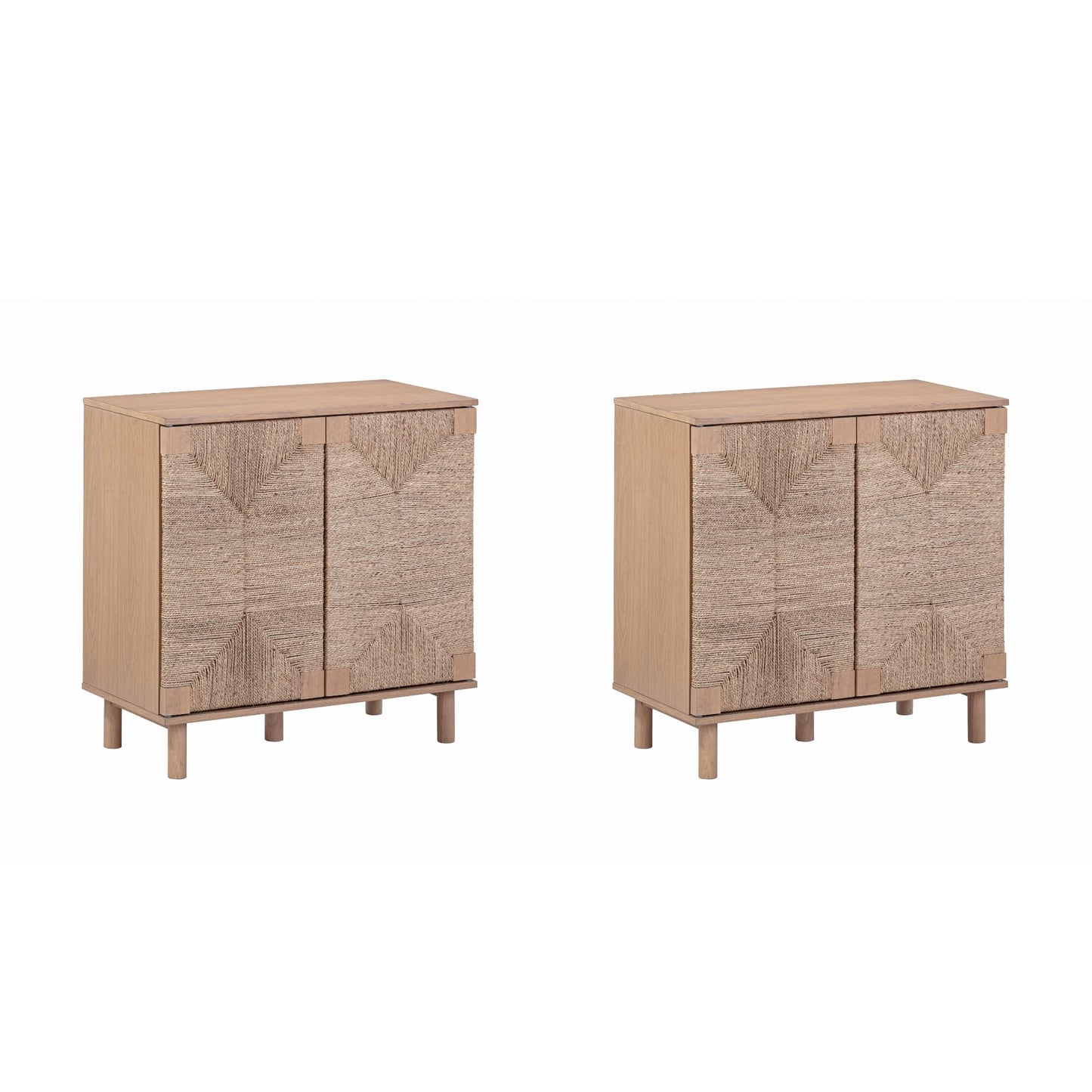 Nathan James Beacon Boho TV Stand, Free Standing Kitchen Cabinet Storage with Adjustable Interior Shelf and Seagrass Accent, Seagrass/Raw Oak, Set of 2