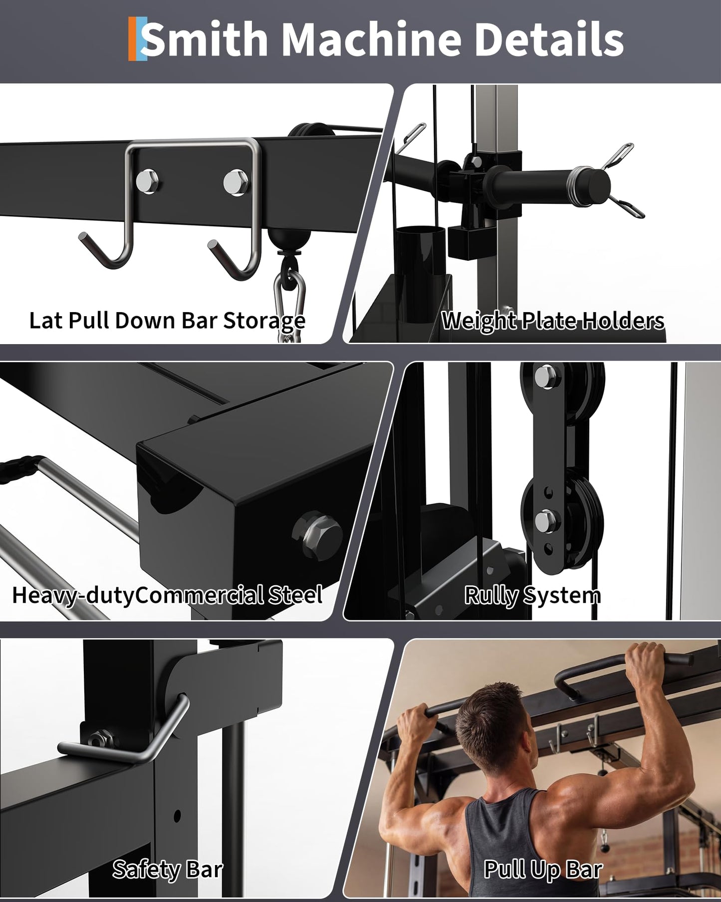 Garvee Smith Machine Home Gym, 1000 LB Power Cage Squat Rack with LAT Pulldown System, Chest Station & More Training Attachment, Multi-Functional Fitness Equipment for Full-Body Training, Black
