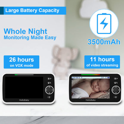 HelloBaby 5’’ Baby Monitor with 26-Hour Battery, 2 Cameras Pan-Tilt-Zoom, 1000ft Range Video Audio Baby Monitor No WiFi, VOX, Night Vision, 2-Way Talk, 8 Languages and Baby Registry Search