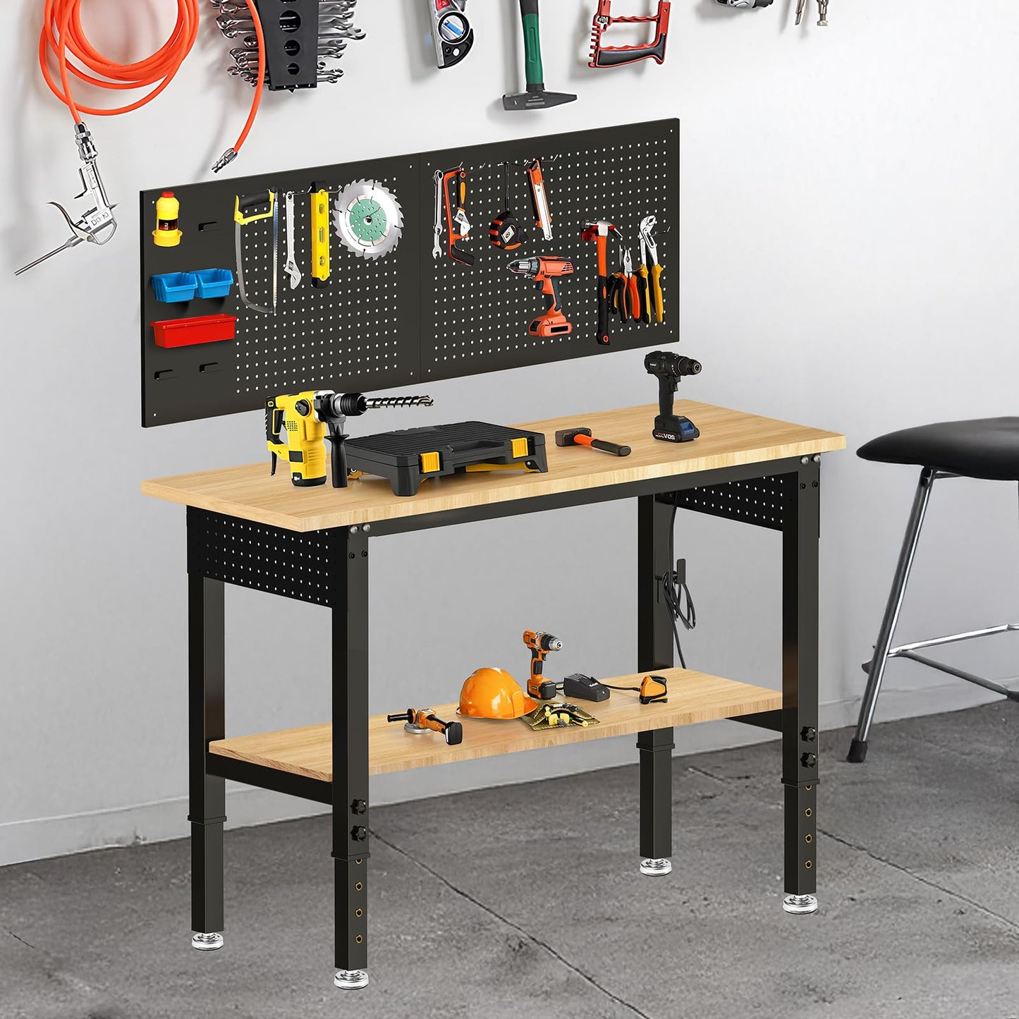 MUWOOD Adjustable Height Work Bench 48×24 Workbench for Garage with Under Table Shelf Heavy Duty Rubber Wood Work Table for Shop Woodworking, Office, Home, Commercial