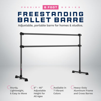 VITA Barre Portable Freestanding Double Ballet Barre, Prodigy, 6 Ft Bars, Dark Mystic Gray | Adjustable Height, USA Made, Home or Gym Exercise Equipment for Kids & Adults | Dance, Fitness, Pilates