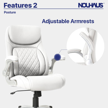 Nouhaus +Posture Ergonomic PU Leather Office Chair. Click5 Lumbar Support with FlipAdjust Armrests. Modern Executive Chair and Computer Desk Chair (White)