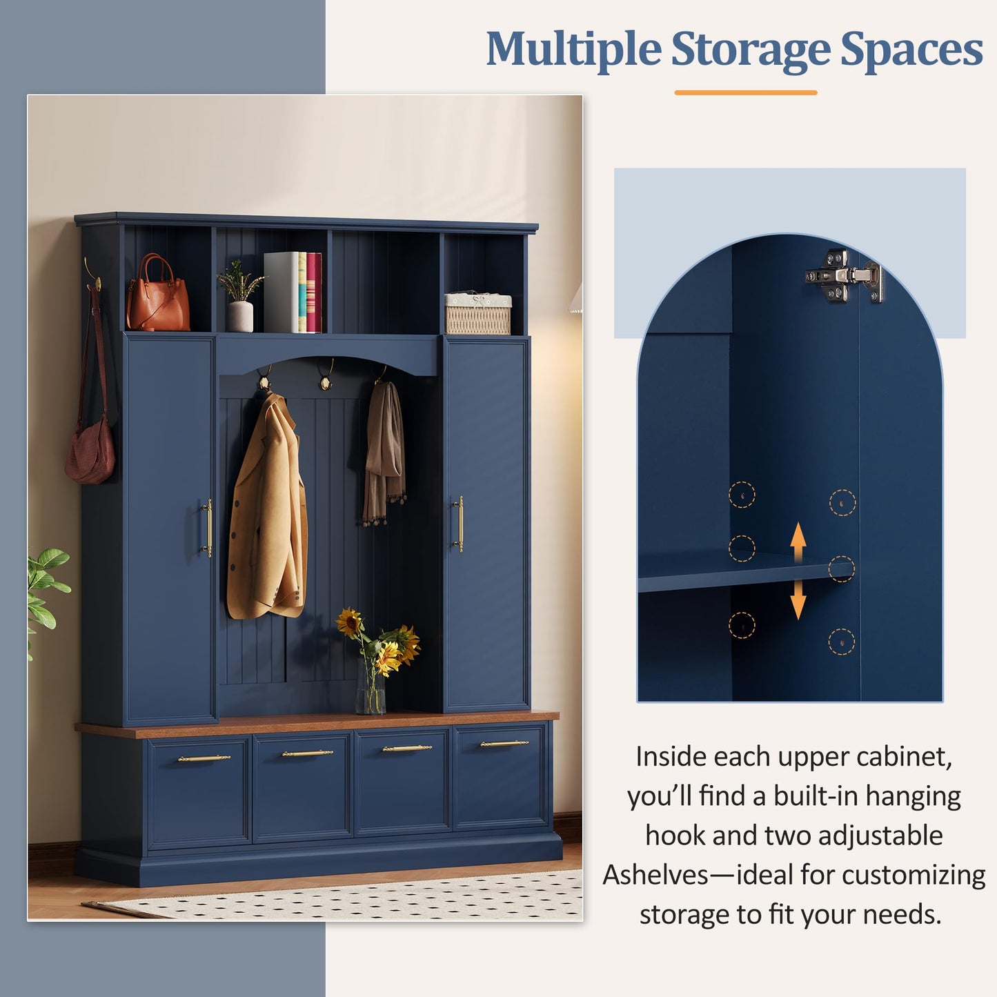 Merax 59" Farmhouse Hall Tree with Golden Hooks & Walnut Bench, Entryway Organizer with Adjustable Shelves, Shoe Storage, Anti-Tip for Mudroom, Living Room, Blue