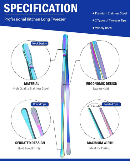 JETKONG 4 Pcs Kitchen Tweezers Set, 12'' and 10'' Stainless Steel Cooking Tweezers for BBQ and Seafood