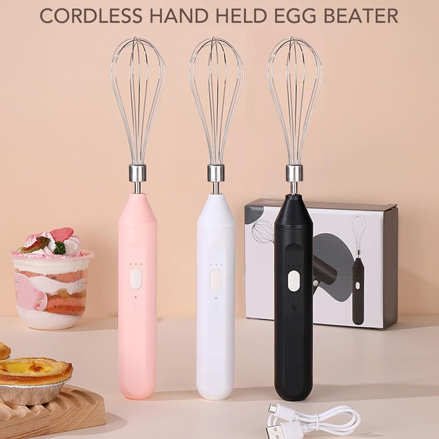 Electric Egg Beater Handheld, USB Charging Milk Frother, Portable Cordless Drink Mixer with Stainless Steel Whisk