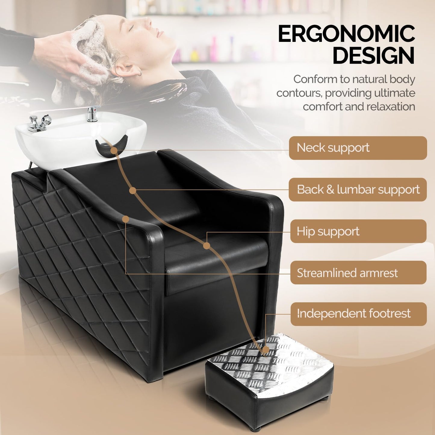 OmySalon Shampoo Bowl and Chair Set for Salon, Hair Washing Station with Ceramic Shampoo Sink, UPC Certificated Vacuum Breaker, Neck Rest, Backwash Shampoo Unit for Barbershop Beauty Spa