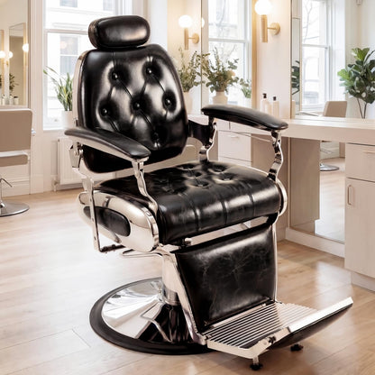 Oakvera Barber Chair, Heavy Duty Vintage Recline Hydraulic Barber Chair with Towel Bar, 360° Swivel All Purpose Professional Salon Chair Barber Shop Beauty Salon Shampoo Equipment, Black and Sliver