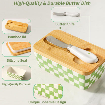 Howise Butter Dish with Lid, Large Butter Dish for Countertop, Ceramic Butter Keeper Container with Knife and Silicone Sealing Butter Box for Home Decor Good Kitchen Gift Green
