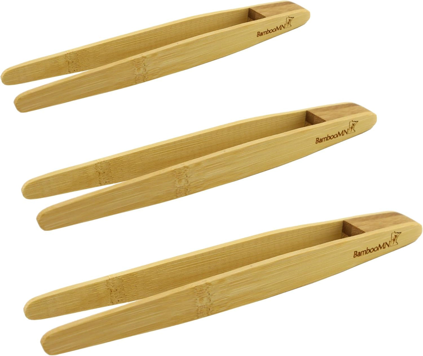 BambooMN Brand - Reusable Bamboo Kitchen Tongs, Assorted Sizes, 3 Pieces