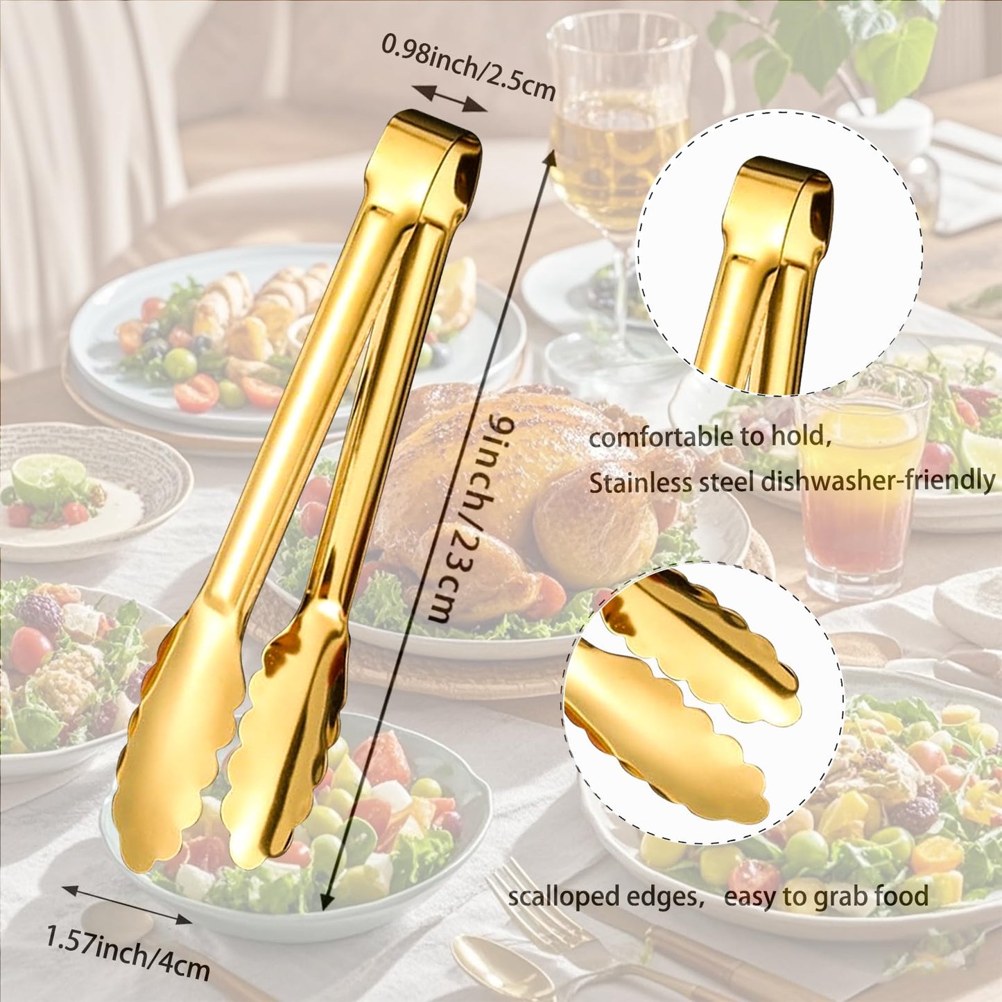 6pcs Stainless Steel Serving Tongs Gold or Silver Plated 9inch Heavy Duty Durable BBQ Clamps Design for Weddings Parties Banquets Buffets Family Gatherings Kitchen Cooking Serving Clip