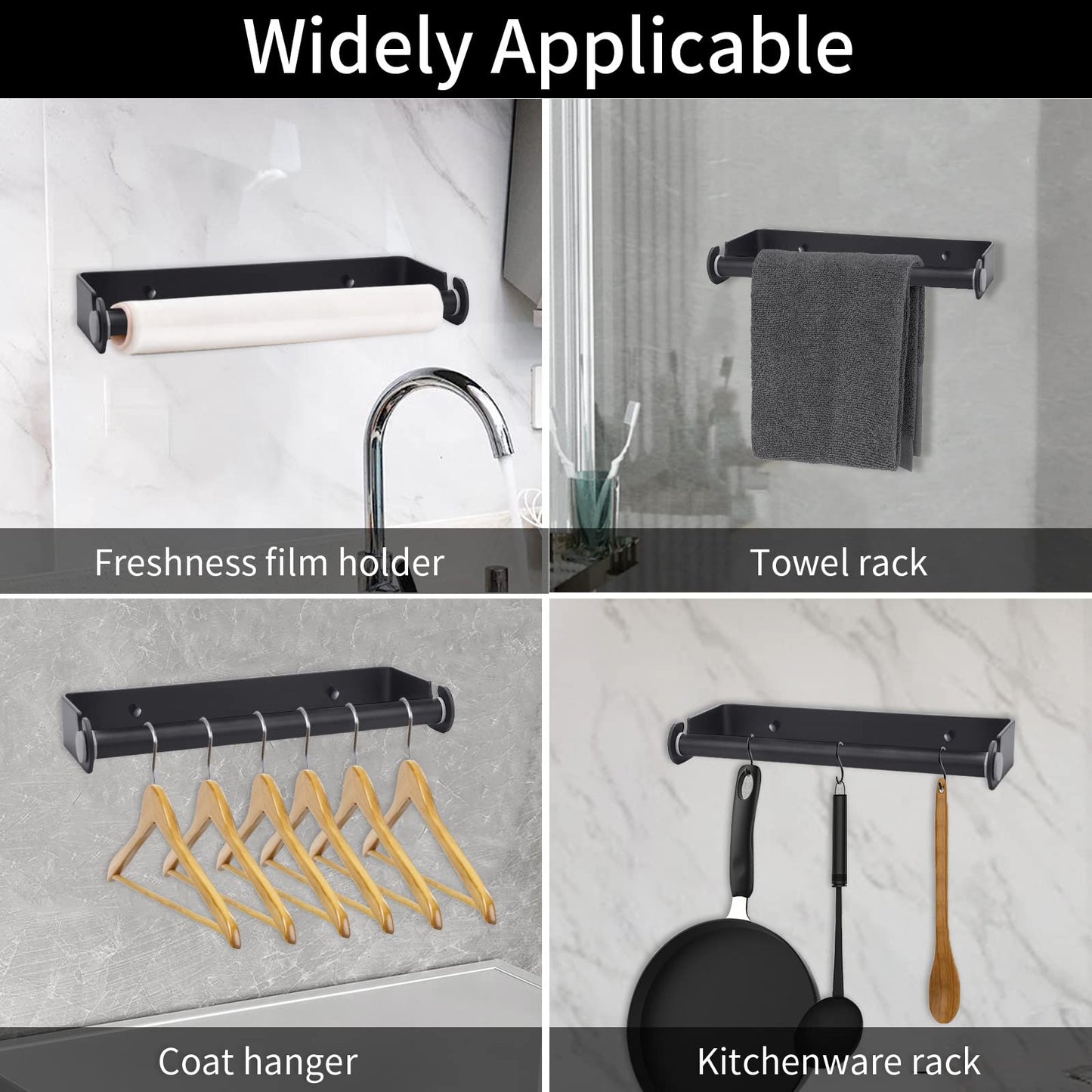 PEDORUBY Under Cabinet Paper Towel Holder, Adhesive or Drill Mount Paper Towel Holder, Wall Mount Paper Towel Holders for Kitchen or Bathroom (Black) 2 Pack