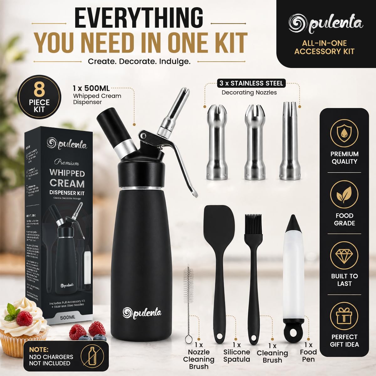 Opulenta Premium Whipped Cream Dispenser – Leak-Proof Whip Maker with 3 Stainless Steel Nozzles, Spatula, Food Pen & Brush – Professional Whipped Cream Maker Canister – N2O Not Included – 500ml