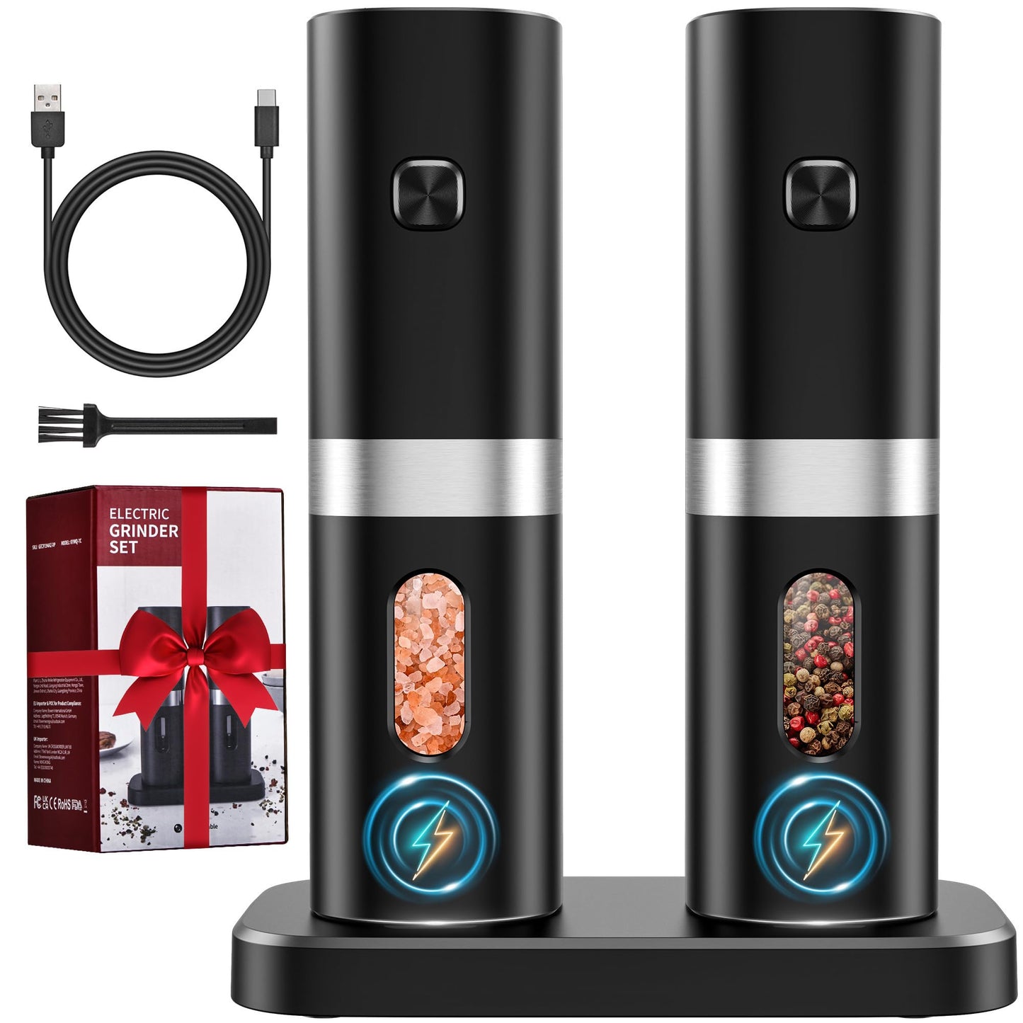 Electric Salt and Pepper Grinder Set, New Rechargeable Salt and Pepper Mill with 4*Rechargeable Batteries, Charging Base, White Light, One Hand Automatic Operation, Black, 2Pack