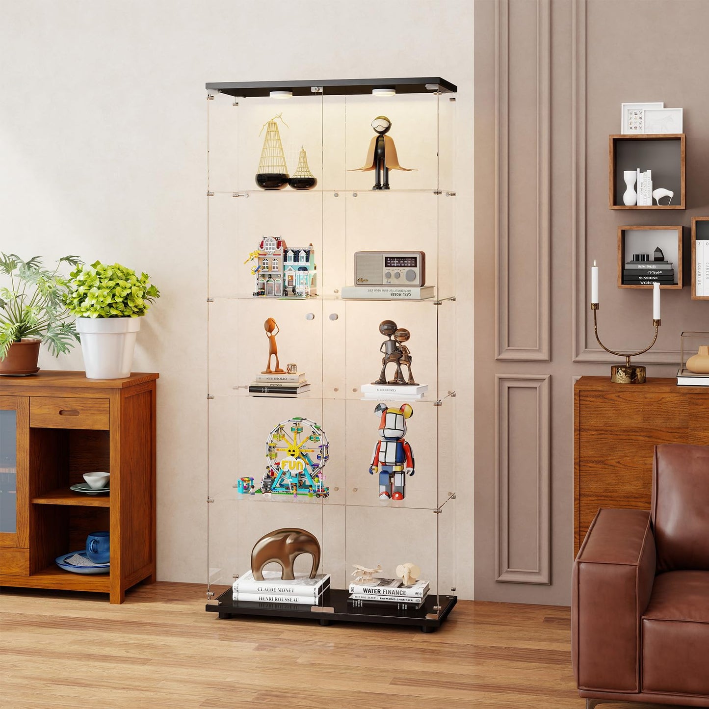 Zevemomo 5-Tier Tempered Glass Display Cabinet with Lights, Curio Cabinet with Glass Doors and Lock, Glass Display Case for Collectibles, for Living Room Bedroom Office, Double Door, Black
