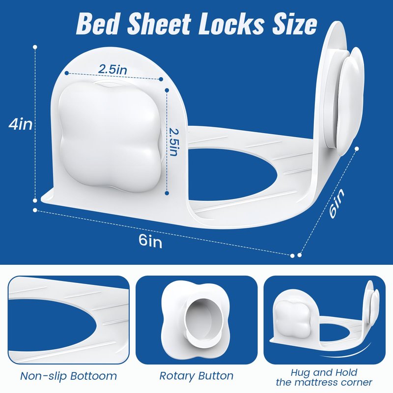 Vokolesd 4Pcs Bed Sheet Holders for Corners, Fitted Sheet Holder Keep Sheets Firm, Durable Heavy Duty Bed Sheet Clips, Bed Lock Sheet Holders,Fit All Mattress Easy Install (White)