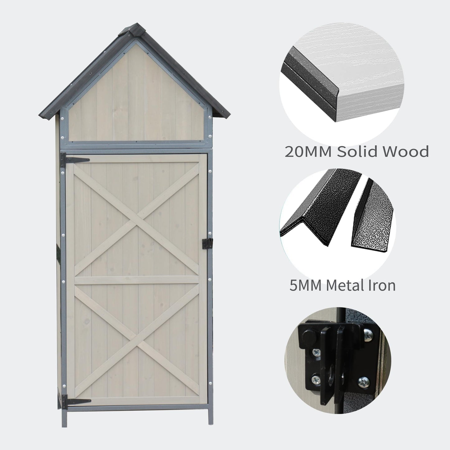Garvee 5 x 2 FT Outdoor Storage Shed, Lockable Wooden Garden Shed with Metal Frame and Adjustable Shelves, Large Capacity Storage House with Single Lockable Door for Backyard Patio Garden Lawn, Grey