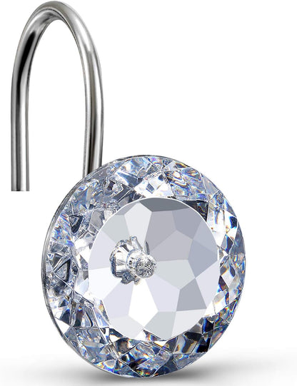CHICTIE Set of 12 Crystal Decorative Shower Curtain Hooks, Stainless Steel Rust Resistant White Round Diamond