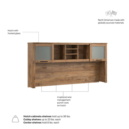 Bush Home 72-Inch Desk Hutch, Office Storage Organizer with Shelves, Cubbies and Frosted Glass Doors for Computer Desk, Home Office Furniture, Somerset Collection, Fresh Walnut