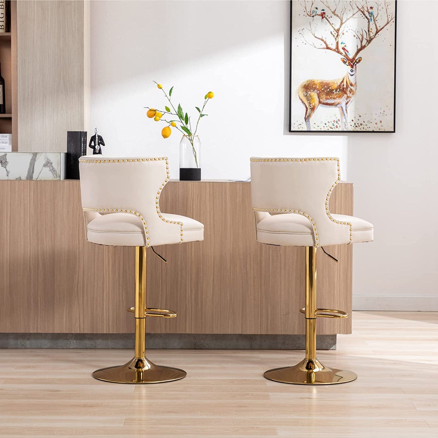 ROCITY Beige Bar Stools Set of 2 Swivel Counter Height Barstools with Back Faux Leather Bar Chairs with Gold Base Adjustable Modern Kitchen Island for Dining Room Home Bar, Rivet Decoration