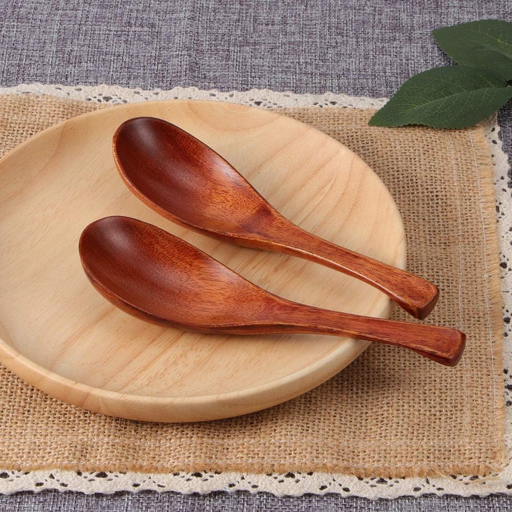 AKOAK Wooden Soup Spoon, Short Handle Kitchen Spoon for Home Cooking and Serving Ice Dessert