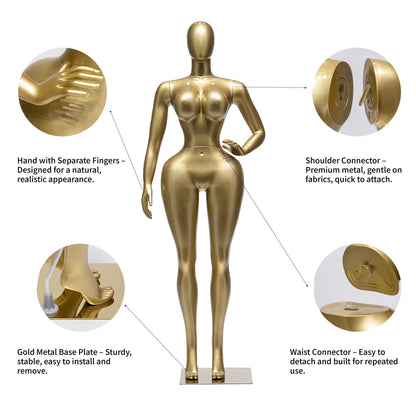 Jxjarnet Luxury Gold Electroplated Female Mannequin, High-End Hourglass Curvy Dress Form with Ultra-Thin Waist & Large Hips, Posable Full Body Display for Boutique(Crossed-No Head,Both Hips)