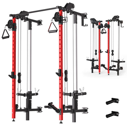 Garvee Folding Squat Rack, Wall Mounted Power Rack with Dual Independent Pulley System & Pull Up Bar, Multi-Function Power Cage with for Home Gym Space-Saving