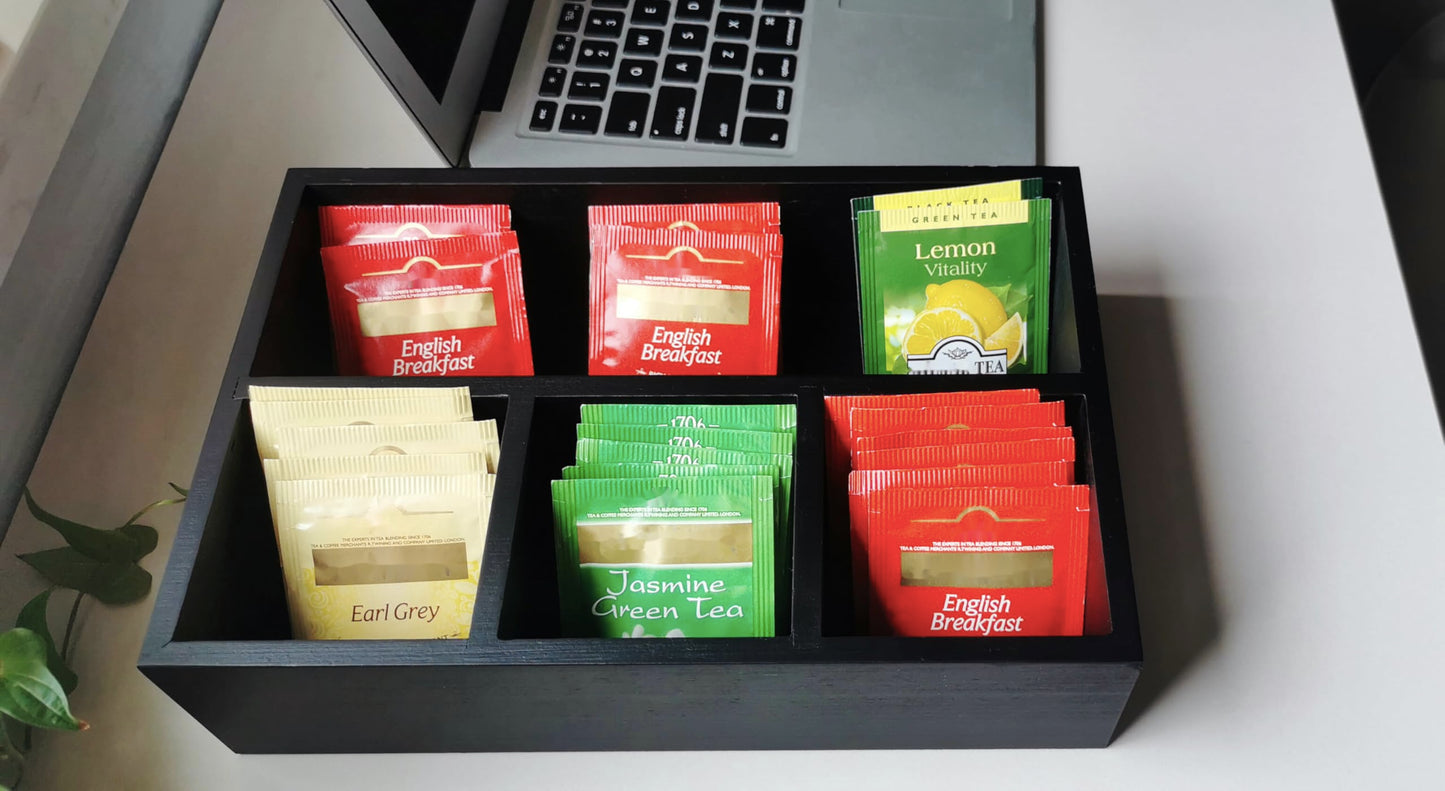 HymoConn Tea Bag Organizer Wood Black, 4 Compartments Tea Bag Holder, Large Capacity Sugar Packet and Coffee Station Organizer, Tea Bags Caddy Drawer Storage Container for Countertop