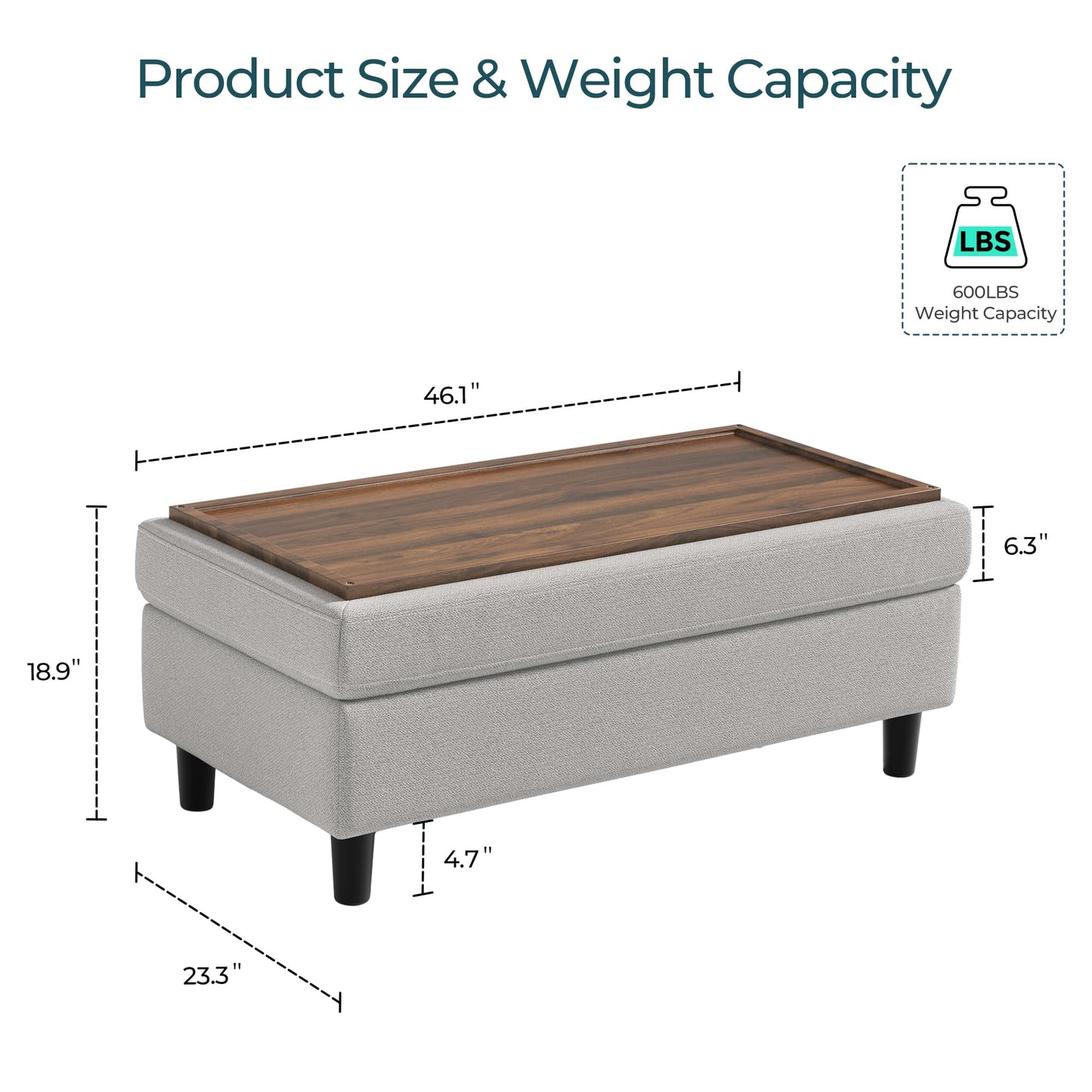 LINSY HOME 46 Inches Wide Storage Ottoman Bench, Linen Coffee Table Long Shoes Bench Footstool, Storage Chest, Foot Rest Stool, for The Living Room, Entryway and Family Room (Grey)