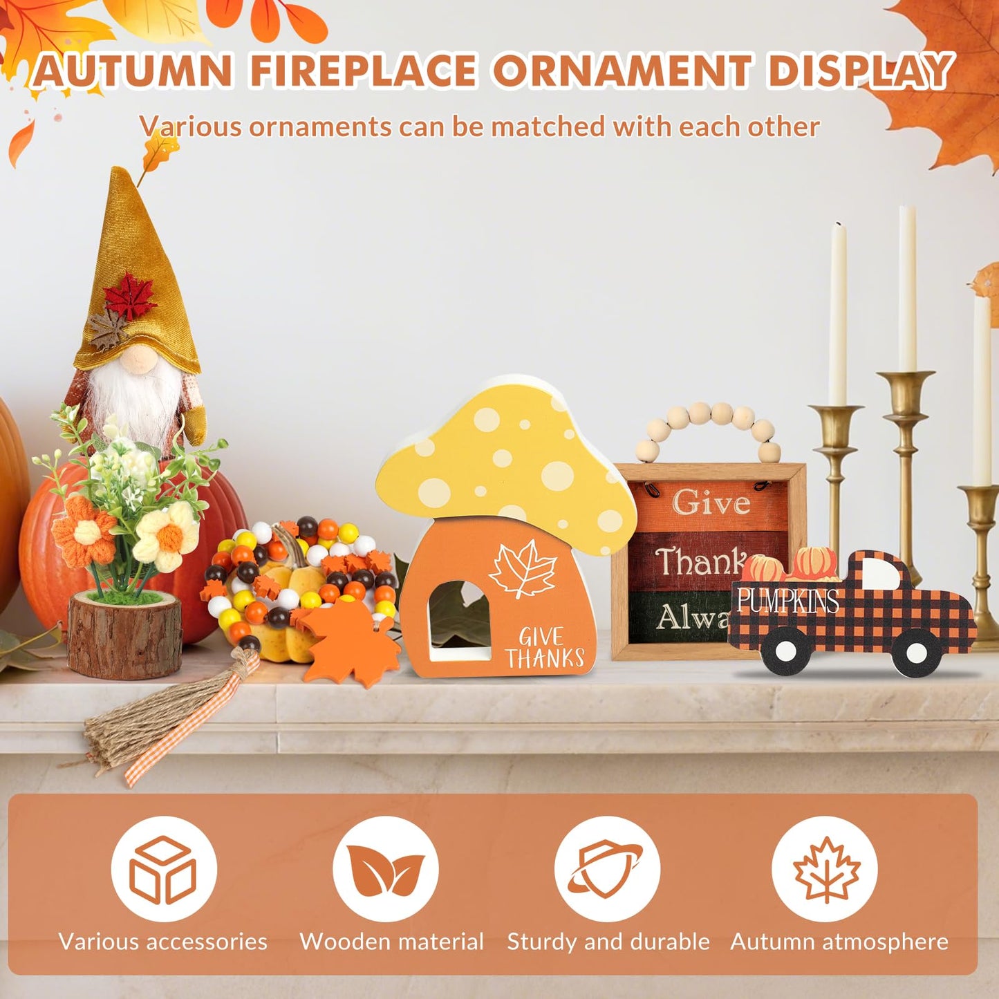 7 pcs Thanksgiving Tiered Tray Fall Decor Set, Gnome Truck Thanksgiving Wood Plaque Wooden Bead String Decorations, Fall Decorations for Home Kitchen Fireplace Farmhouse Office Fall Decoration
