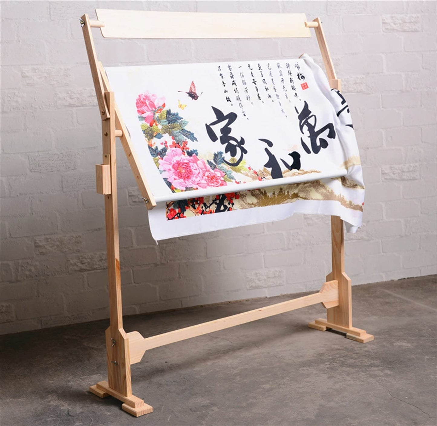 Adjustable Cross Stitch Frame Stand,Cross Stitch Floor Stand Wooden Needlework Table Lap Floor-Standing Scroll Frame Holder for Table and Couch, Wood, Brown,with Embroidery Frame