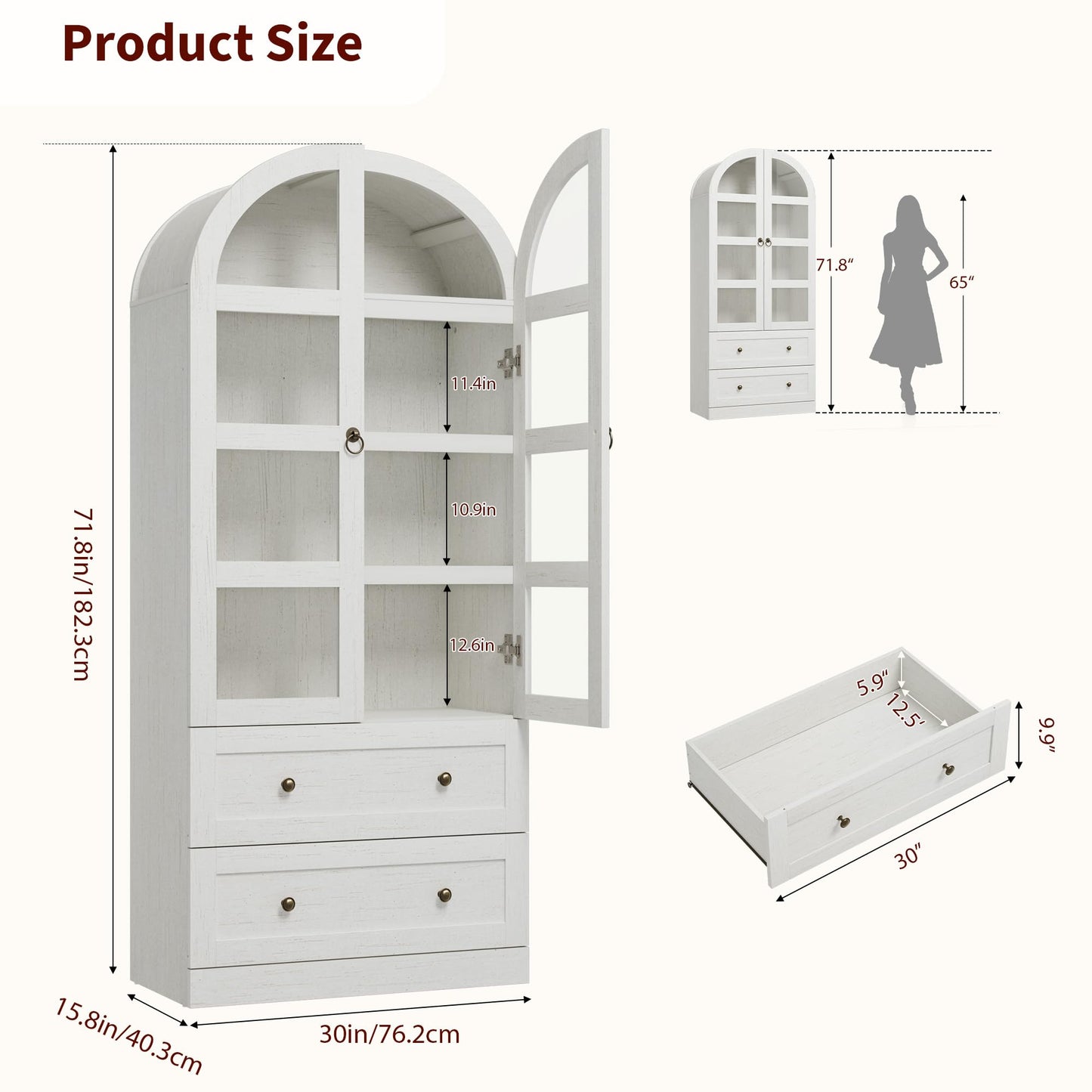 Garvee 72" Tall Dome Bookcase with Drawers, 4-Tier Wooden Bookshelf Cabinet with Glass Door, Farmhouse Arched Cabinet with Display Shelves, Wood Bookcase for Home Office, Living Room, Rustic White