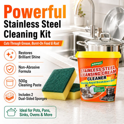 STAINLESS STEEL CLEANER & POLISH - Heavy Duty Cleaning Paste for Stove, Oven, Pans, Cookware, Sink | All Purpose Multi-Purpose Household Cleaner | Removes Grease & Stains | with 2 Sponges (500g)