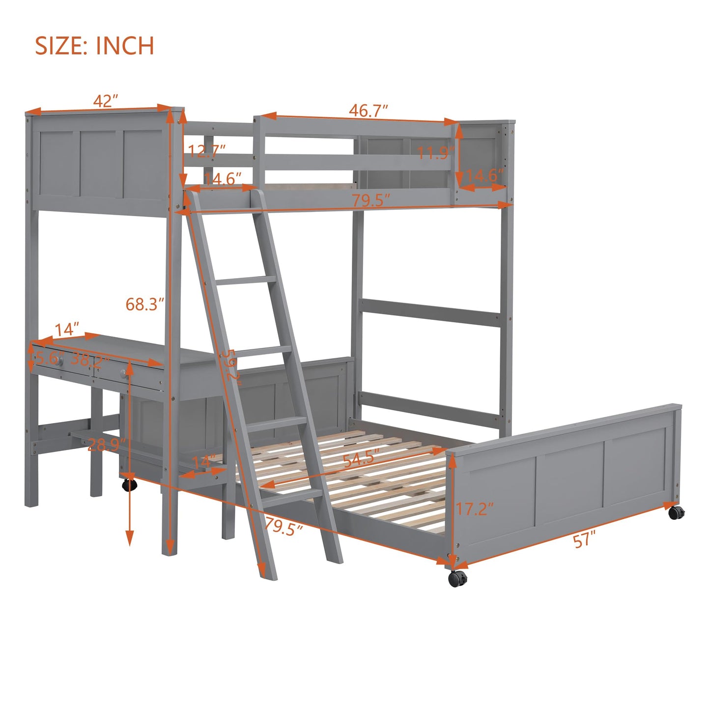 Merax Twin Over Full Bunk Bed with Desk,Wood Loft Bed Frame Saving Space for Boys,Girls,Teens,Grey