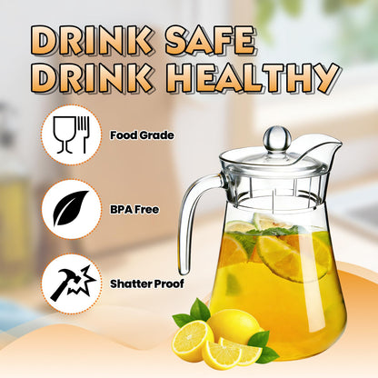 WELKOR Plastic Juice Pitcher with Lids & cups, 50 oz Large Capacity, Shatterproof & BPA-Free Water Jug for Tea, Lemonade, Sangria, Juice, Beverages