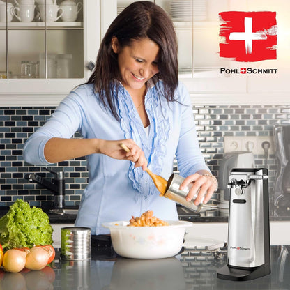 POHL SCHMITT Electric Can Opener, Knife Sharpener & Bottle Opener, Easy Push Down Lever, Works with Standard And Pop-Top Cans, Durable Stainless Steel & ABS - Kitchen Essentials and Accessories