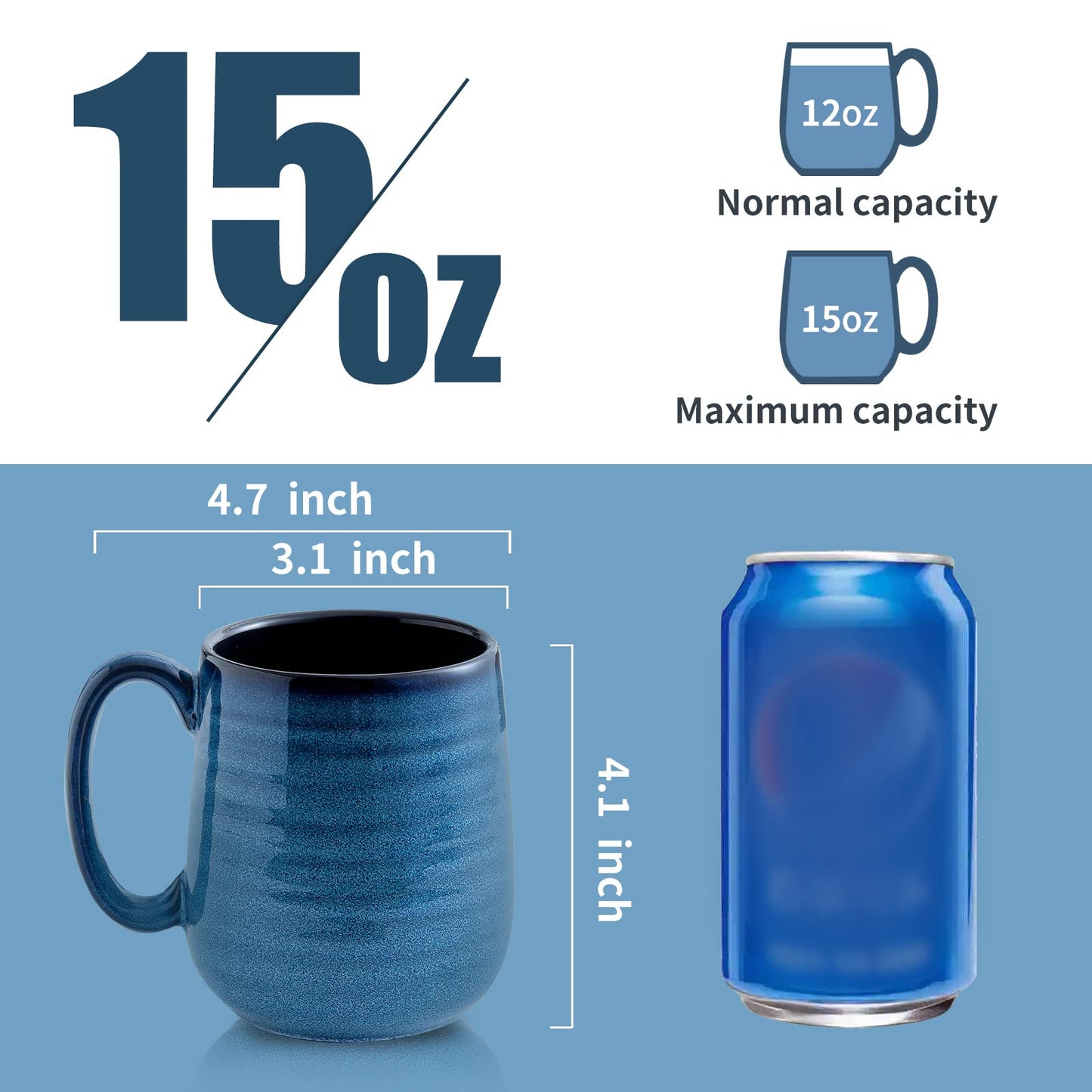 HASENSE Coffee Mugs Set of 4, 15 Ounce Porcelain Mug Set with Handle for Morning Coffee Tea and Cocoa, Ceramic Coffee Cups with Beautiful Glaze for Men, Women, Navy