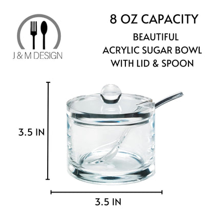 J&M DESIGN Clear Acrylic Sugar Bowl With Lid And Spoon For Coffee Bar Accessories, Cereal Bowls, Tea, Kitchen Countertop Canisters & Baking - 8 oz Container Jar Dispenser Holder - Dishwasher Safe