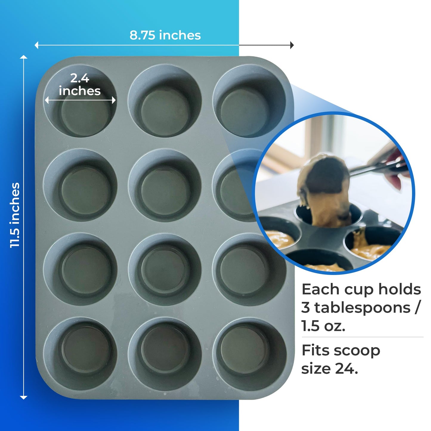Jenaluca Silicone Cupcake & Muffin Pan for Baking - Set of TWO 12-cup pans, 12x9 Size, Non-stick, BPA Free, Dishwasher Safe - no cupcake liner needed